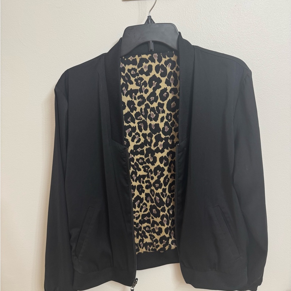Stella & Dot Black Bomber Jacket with Leopard Print
